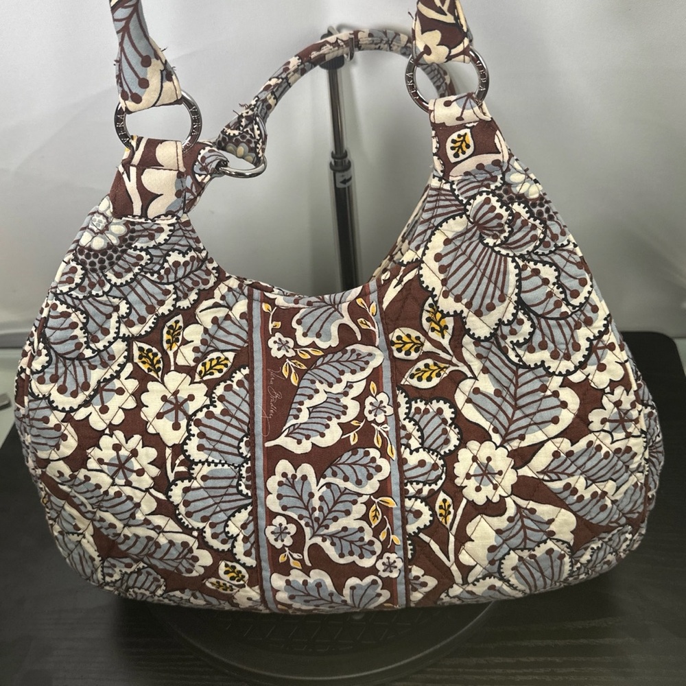 Vera Bradley Slate Blooms Large Hobo Shoulder Bag Brown White Blue Yellow Purse - Picture 2 of 13